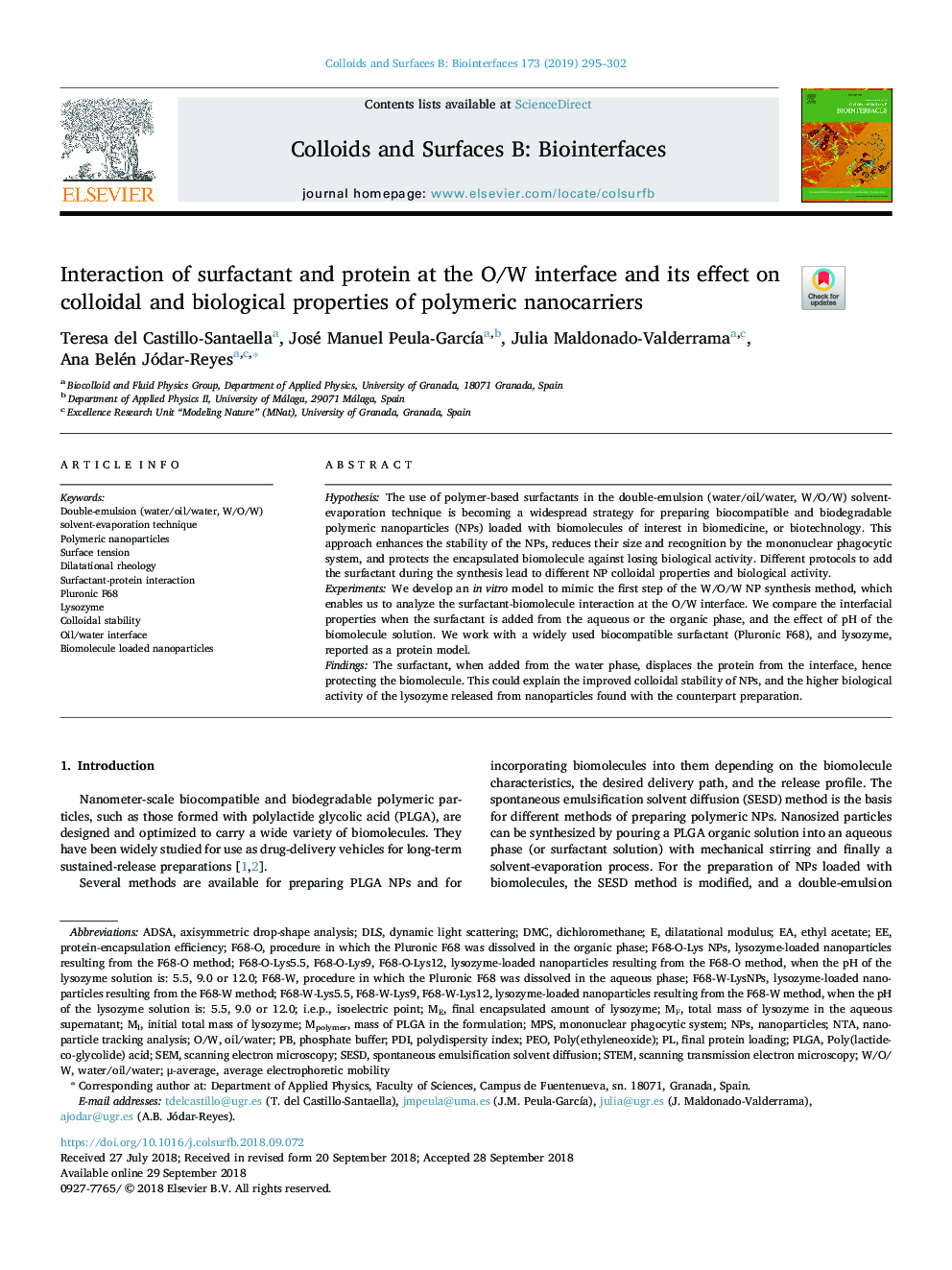 Interaction of surfactant and protein at the O/W interface and its effect on colloidal and biological properties of polymeric nanocarriers