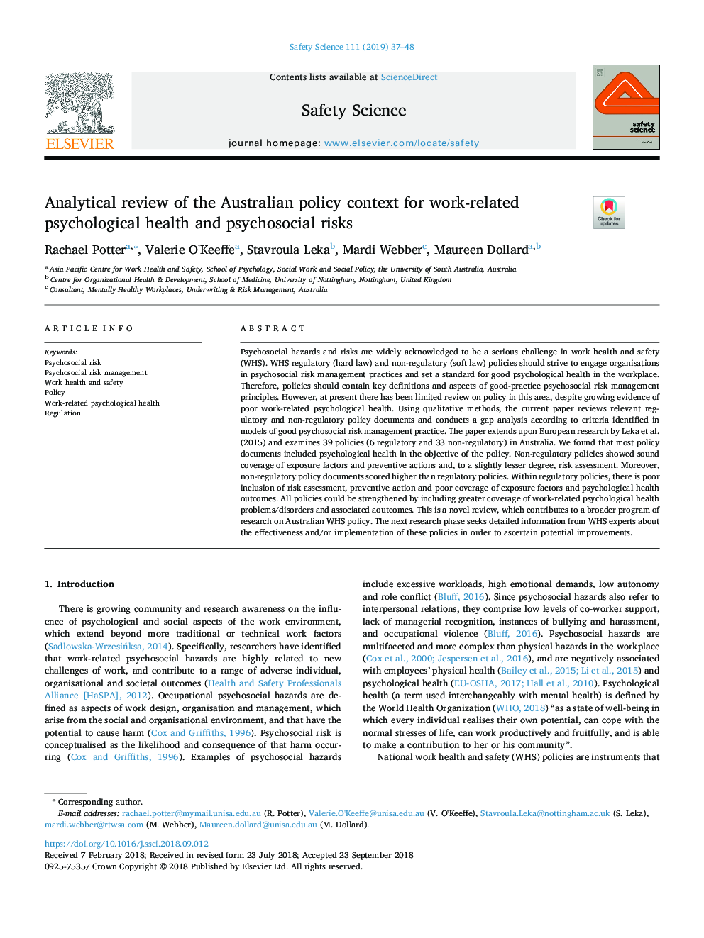 Analytical review of the Australian policy context for work-related psychological health and psychosocial risks