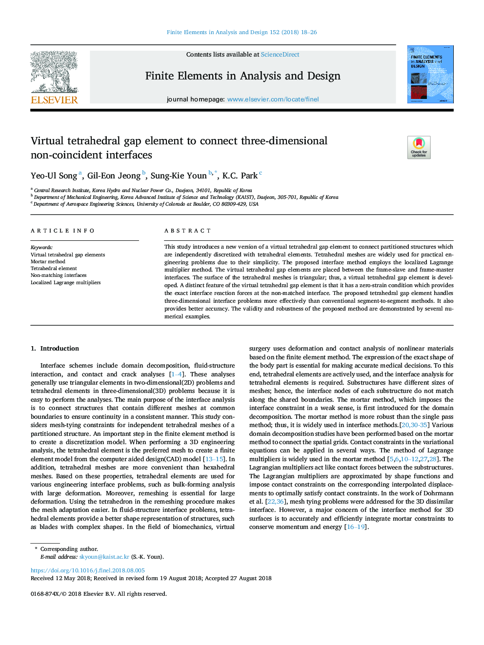 Virtual tetrahedral gap element to connect three-dimensional non-coincident interfaces