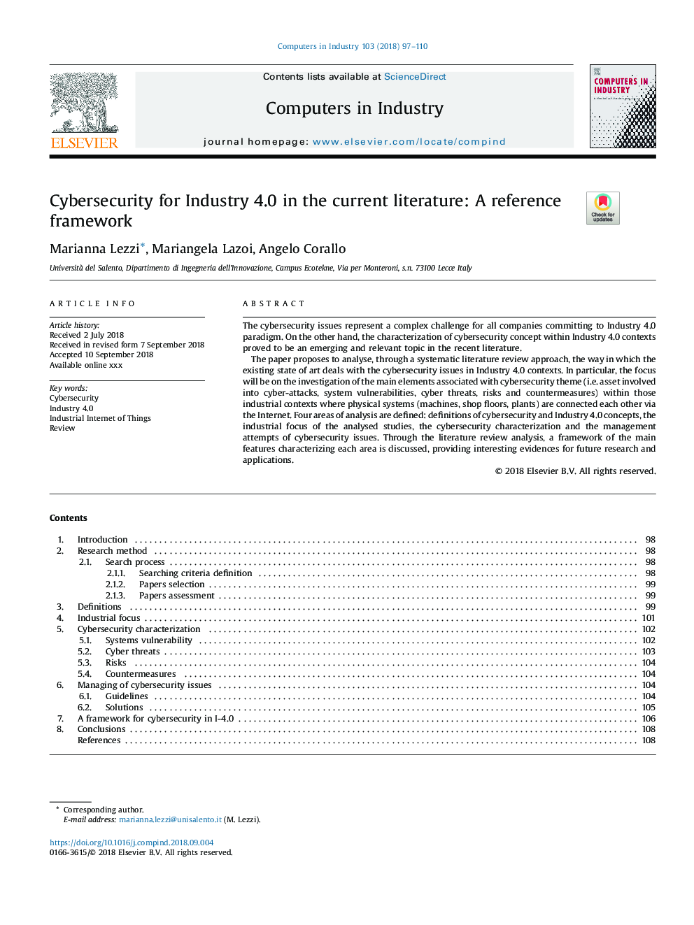 Cybersecurity for Industry 4.0 in the current literature: A reference framework