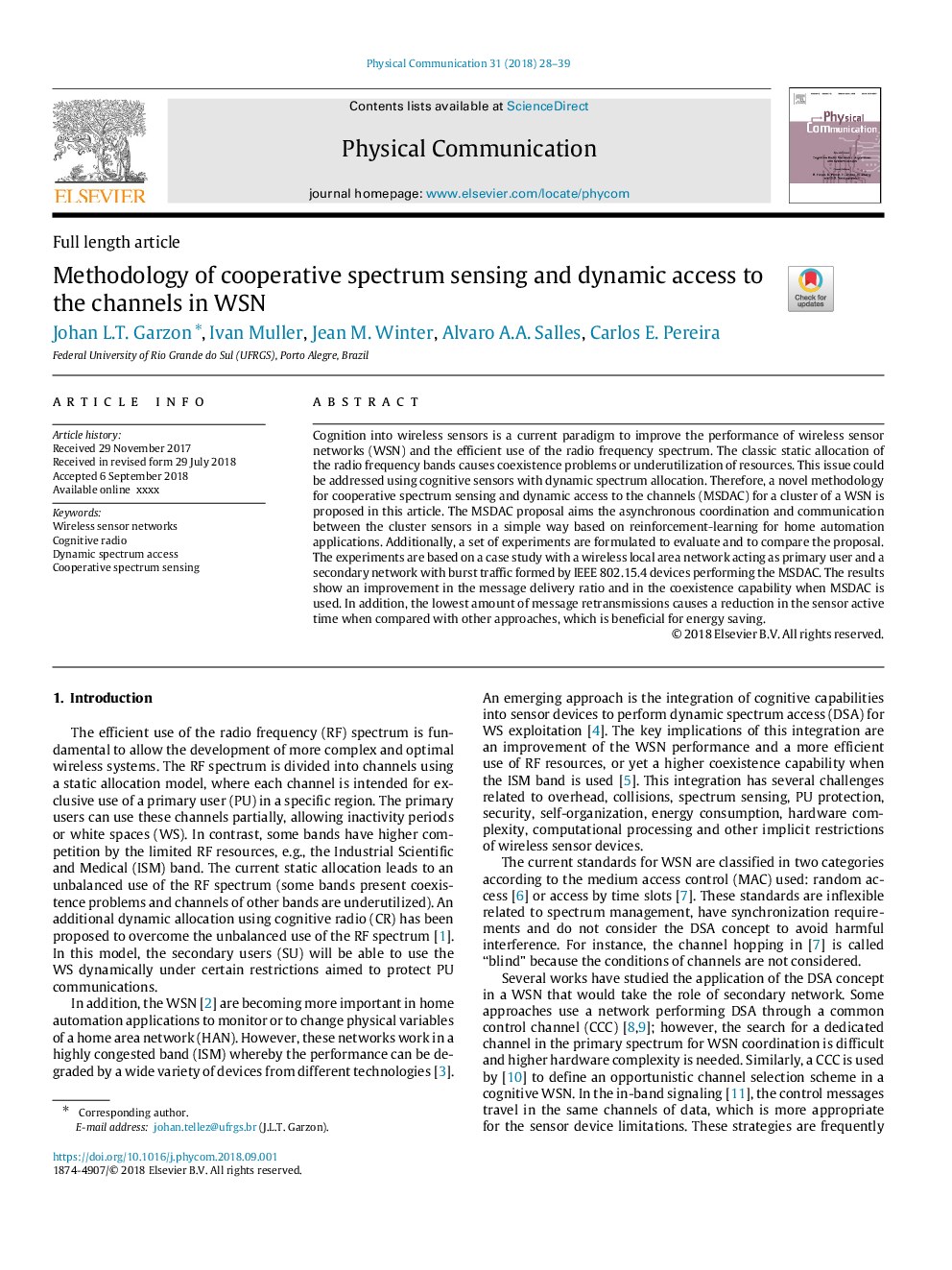 Methodology of cooperative spectrum sensing and dynamic access to the channels in WSN