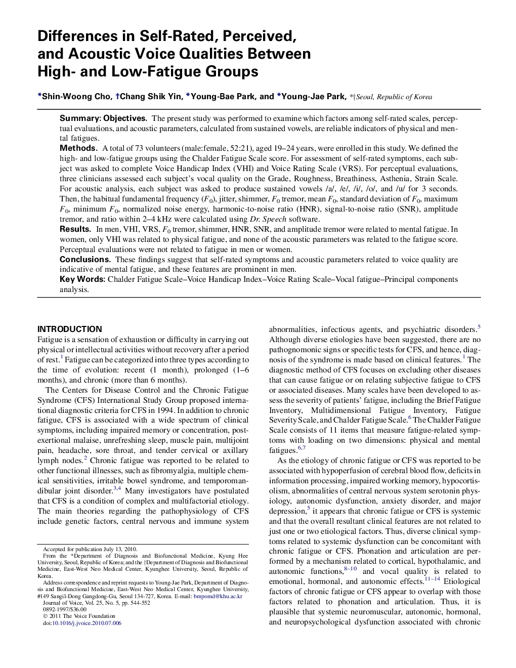 Differences in Self-Rated, Perceived, and Acoustic Voice Qualities Between High- and Low-Fatigue Groups