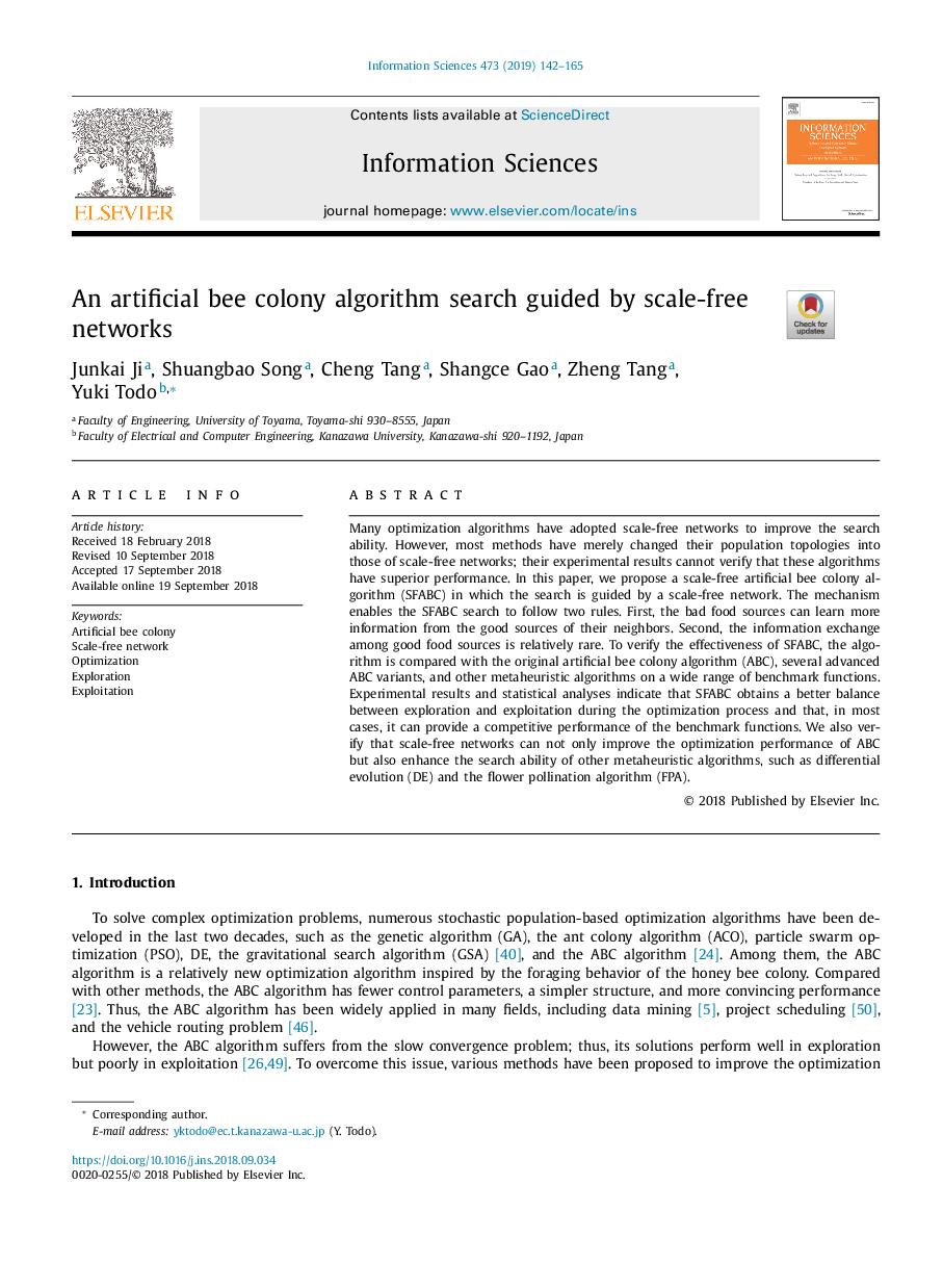 An artificial bee colony algorithm search guided by scale-free networks