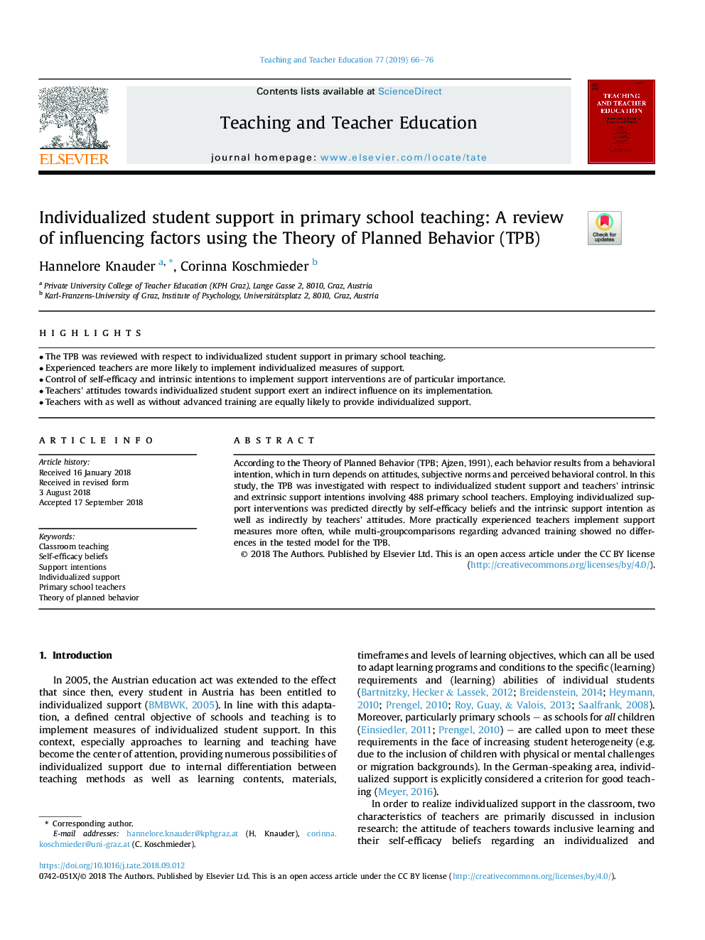 Individualized student support in primary school teaching: A review of influencing factors using the Theory of Planned Behavior (TPB)