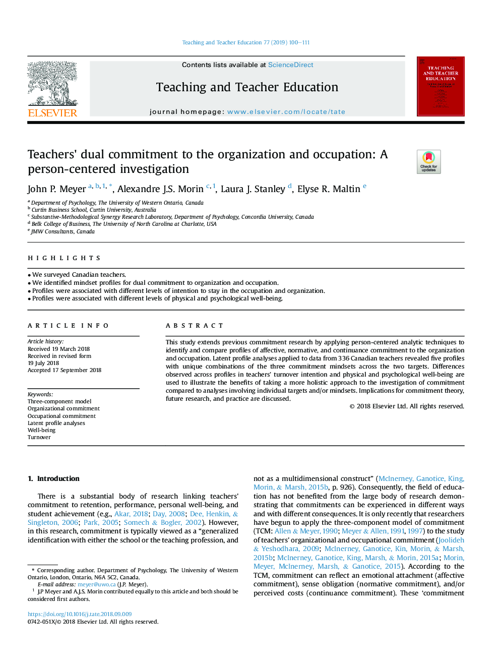 تعهد دوگانه معلمان به سازمان و شغل: یک تحقیق تمرکز شخصی