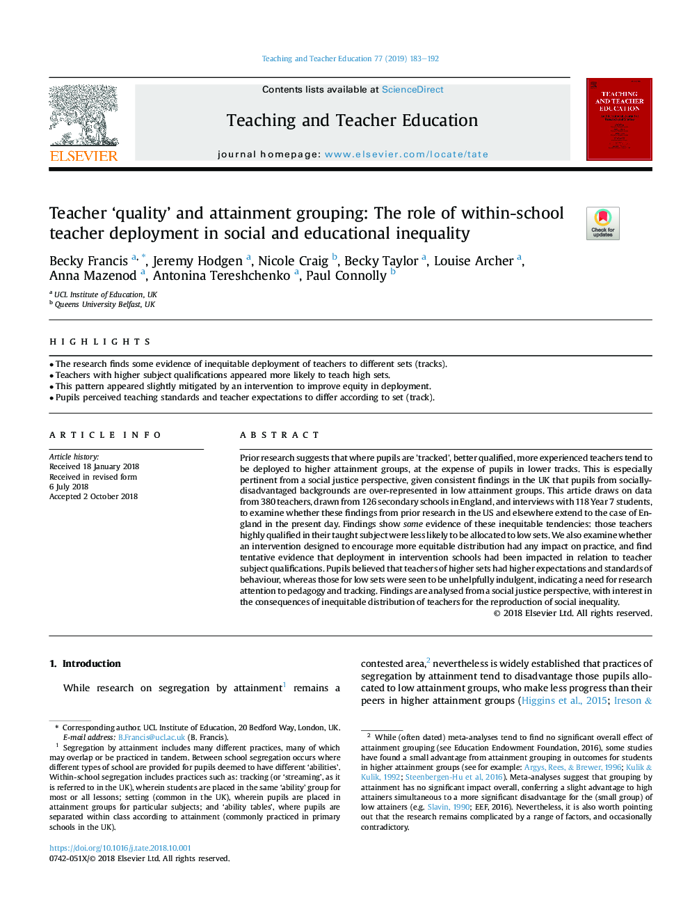کیفیت "معلم" و گروه های دستیابی به اهداف: نقش معلم درون مدرسه در نابرابری های اجتماعی و آموزشی