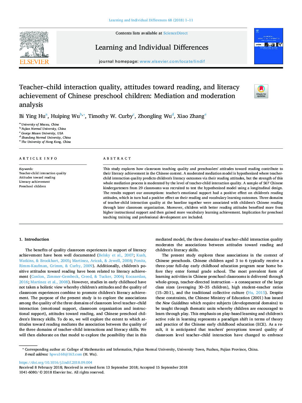 Teacher-child interaction quality, attitudes toward reading, and literacy achievement of Chinese preschool children: Mediation and moderation analysis