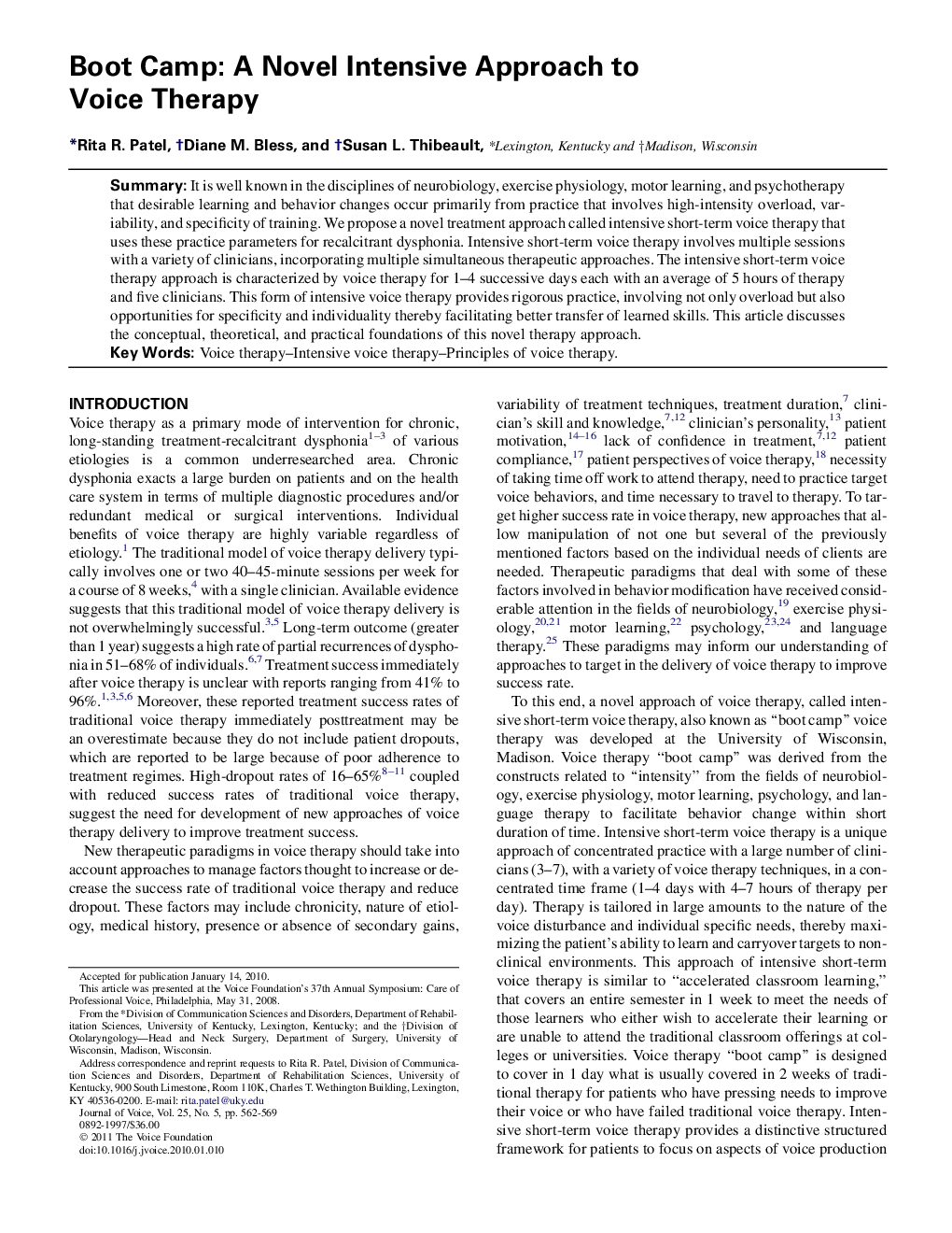 Boot Camp: A Novel Intensive Approach to Voice Therapy