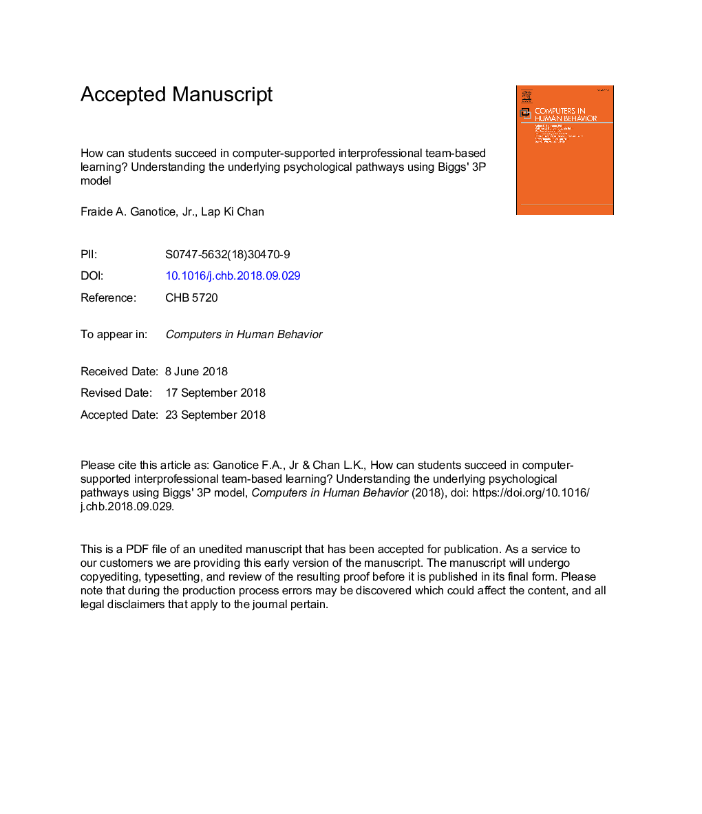 How can students succeed in computer-supported interprofessional team-based learning? Understanding the underlying psychological pathways using Biggs' 3P model