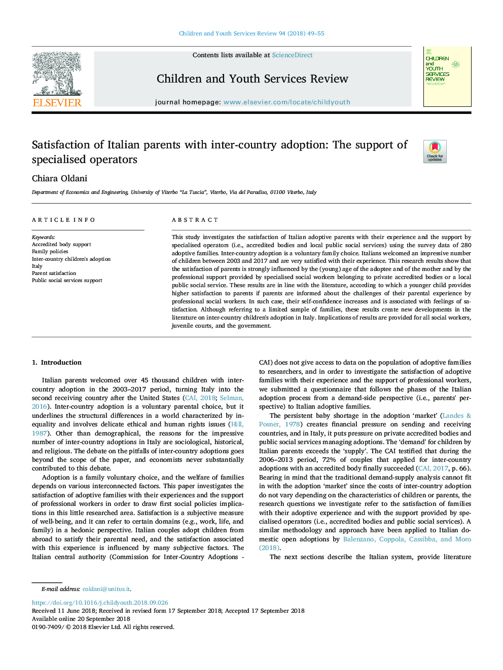 Satisfaction of Italian parents with inter-country adoption: The support of specialised operators