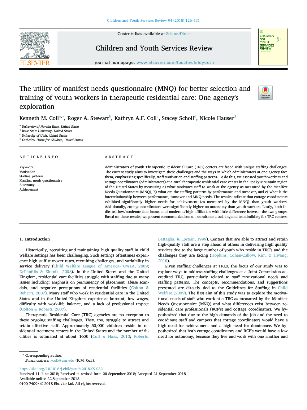 The utility of manifest needs questionnaire (MNQ) for better selection and training of youth workers in therapeutic residential care: One agency's exploration