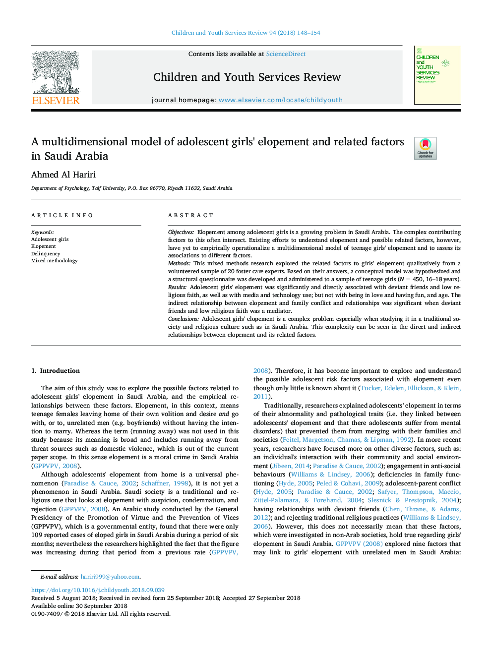 A multidimensional model of adolescent girls' elopement and related factors in Saudi Arabia
