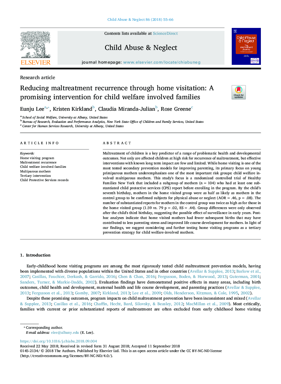 Reducing maltreatment recurrence through home visitation: A promising intervention for child welfare involved families