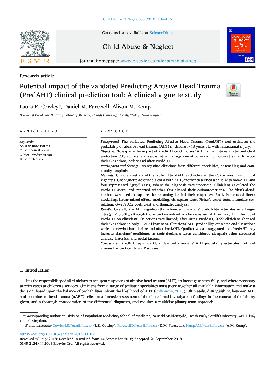 Potential impact of the validated Predicting Abusive Head Trauma (PredAHT) clinical prediction tool: A clinical vignette study