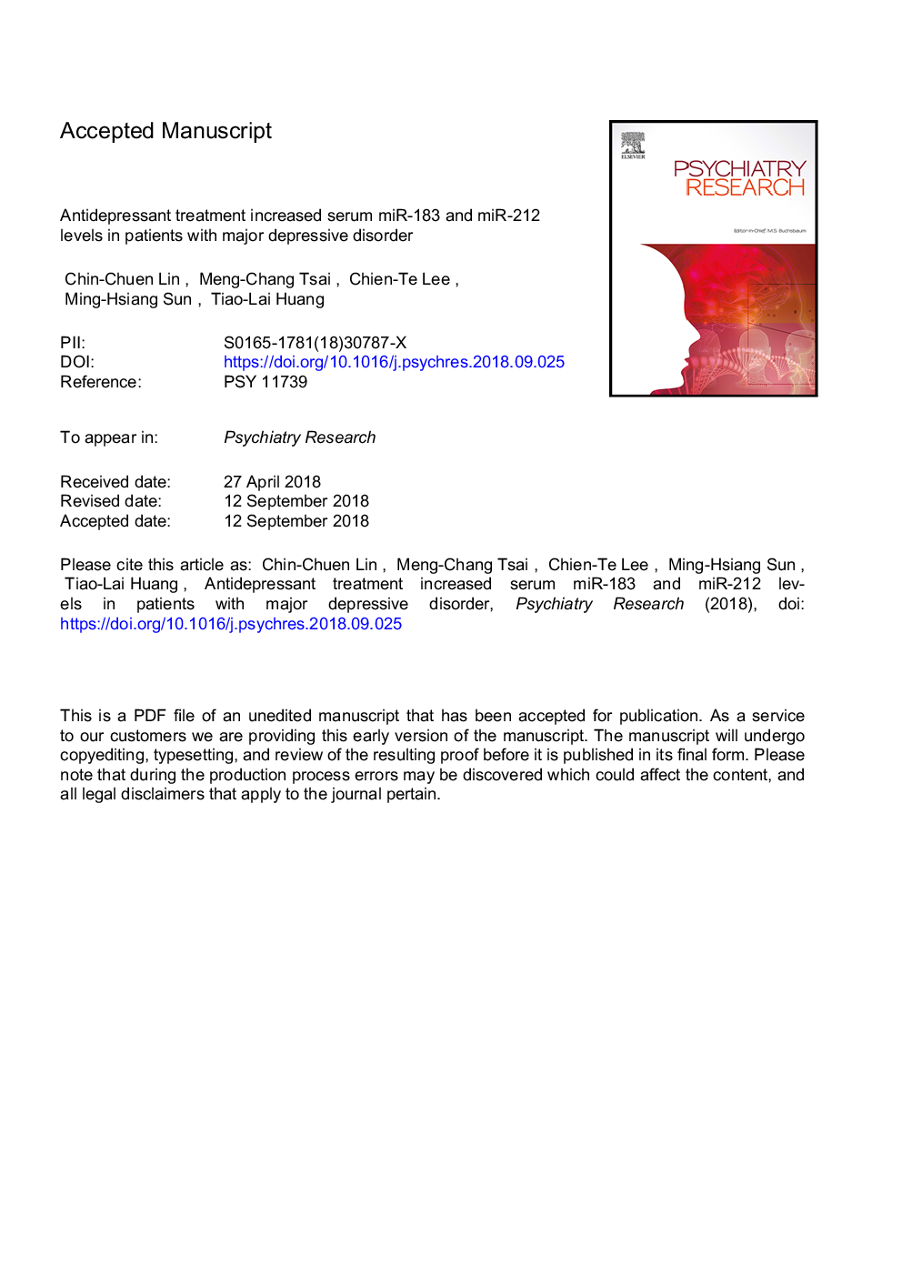 Antidepressant treatment increased serum miR-183 and miR-212 levels in patients with major depressive disorder