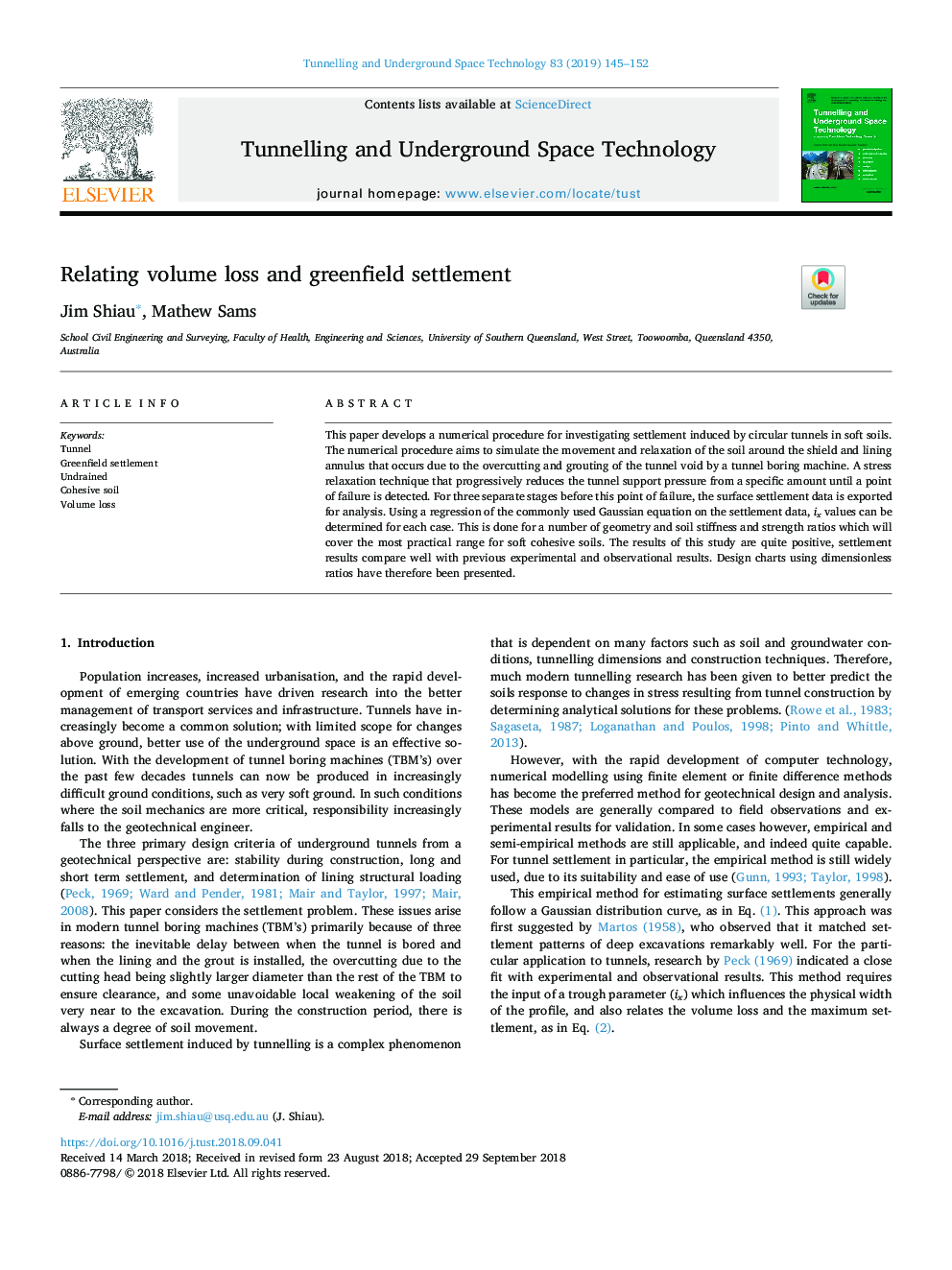 Relating volume loss and greenfield settlement