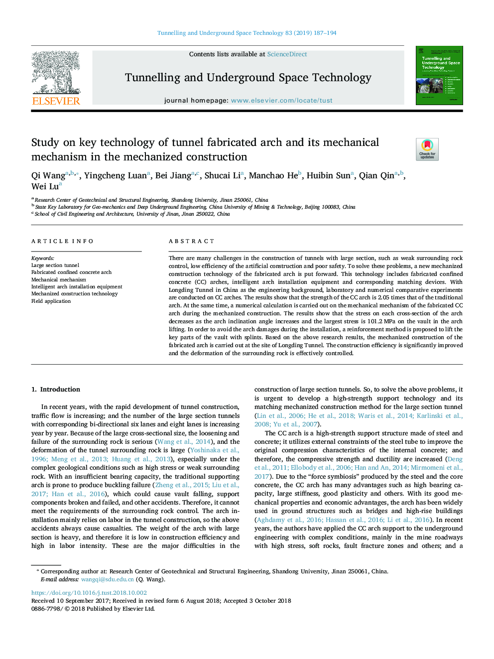 Study on key technology of tunnel fabricated arch and its mechanical mechanism in the mechanized construction