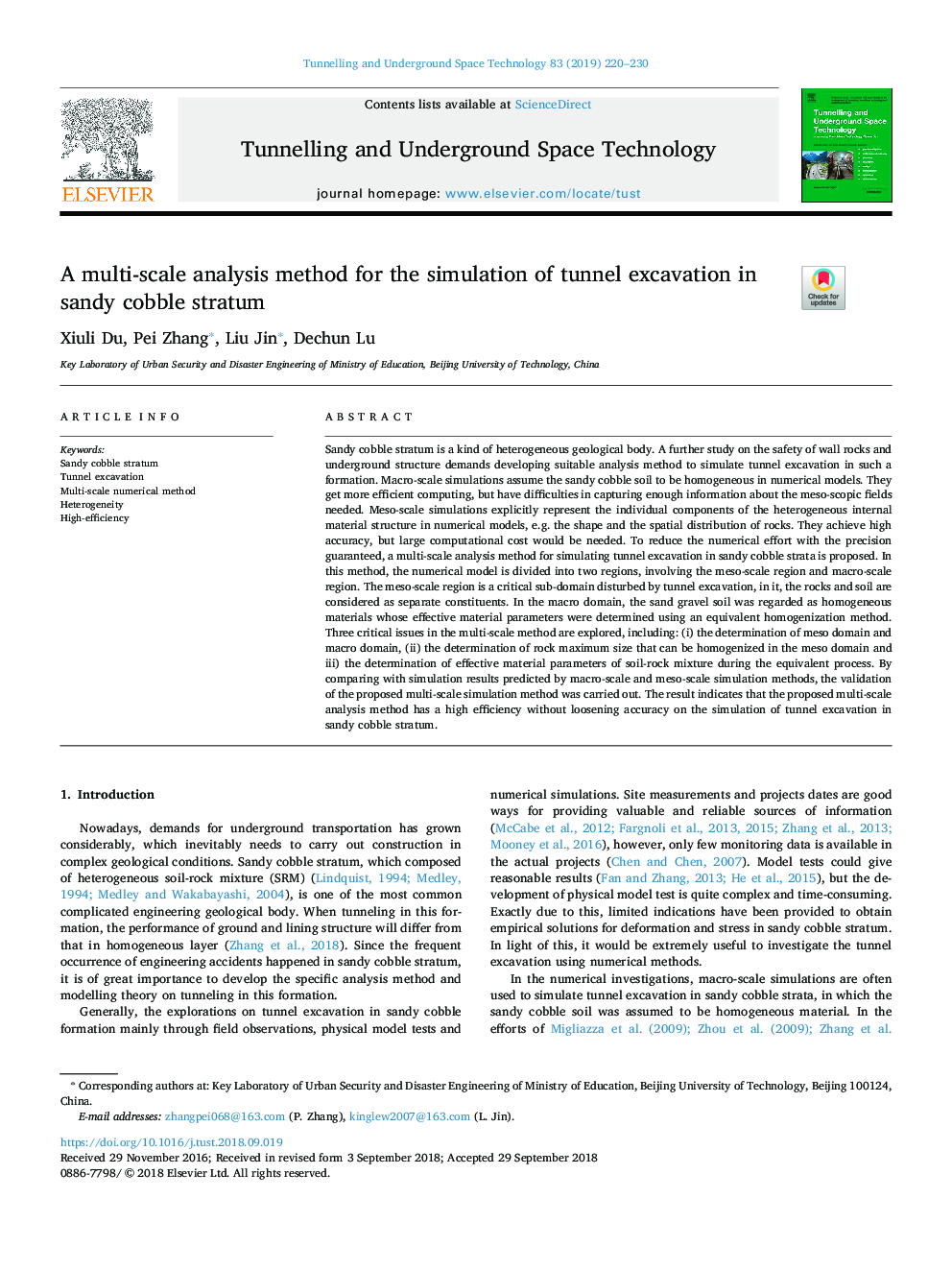 A multi-scale analysis method for the simulation of tunnel excavation in sandy cobble stratum