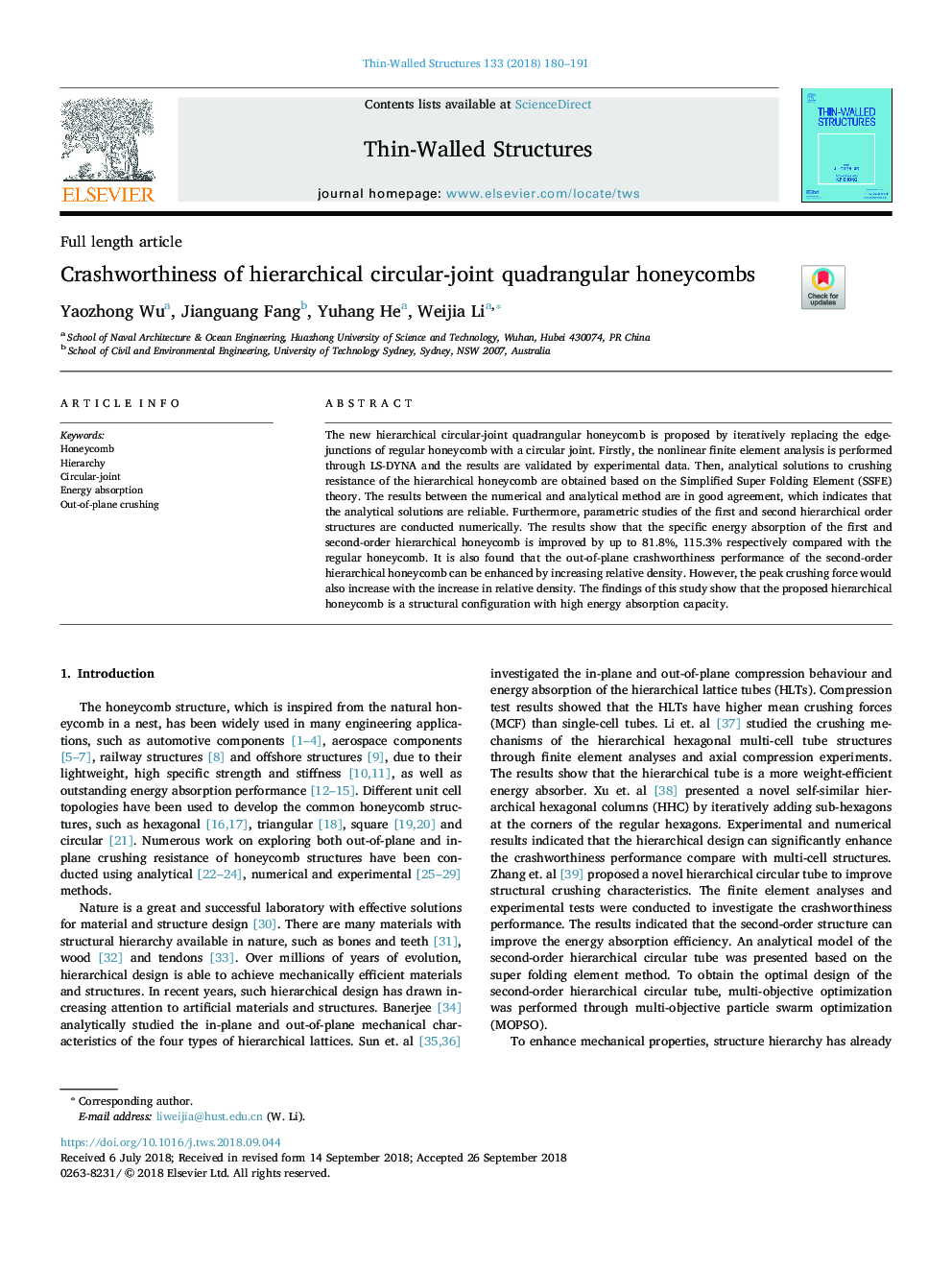 Crashworthiness of hierarchical circular-joint quadrangular honeycombs