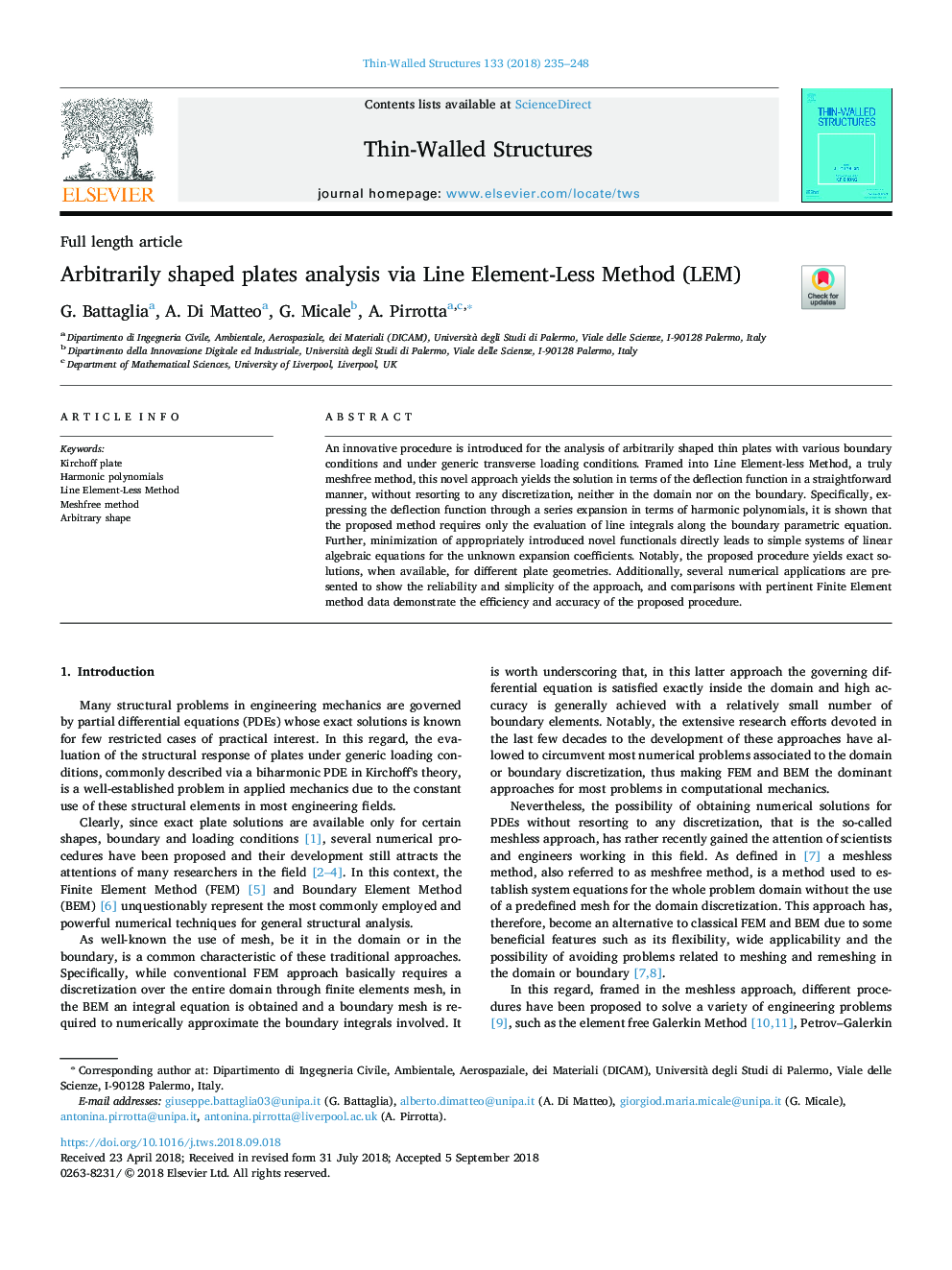 Arbitrarily shaped plates analysis via Line Element-Less Method (LEM)