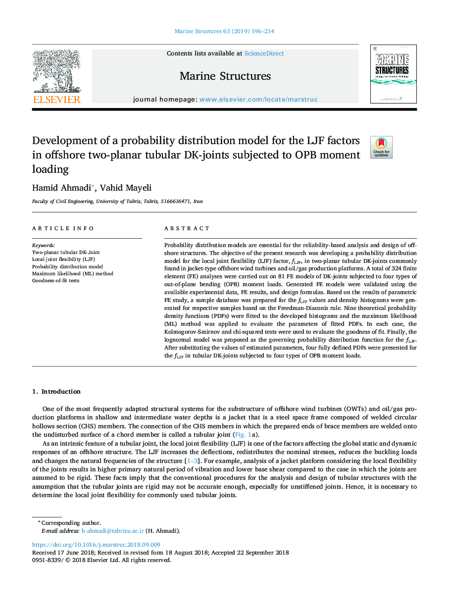 Development of a probability distribution model for the LJF factors in offshore two-planar tubular DK-joints subjected to OPB moment loading