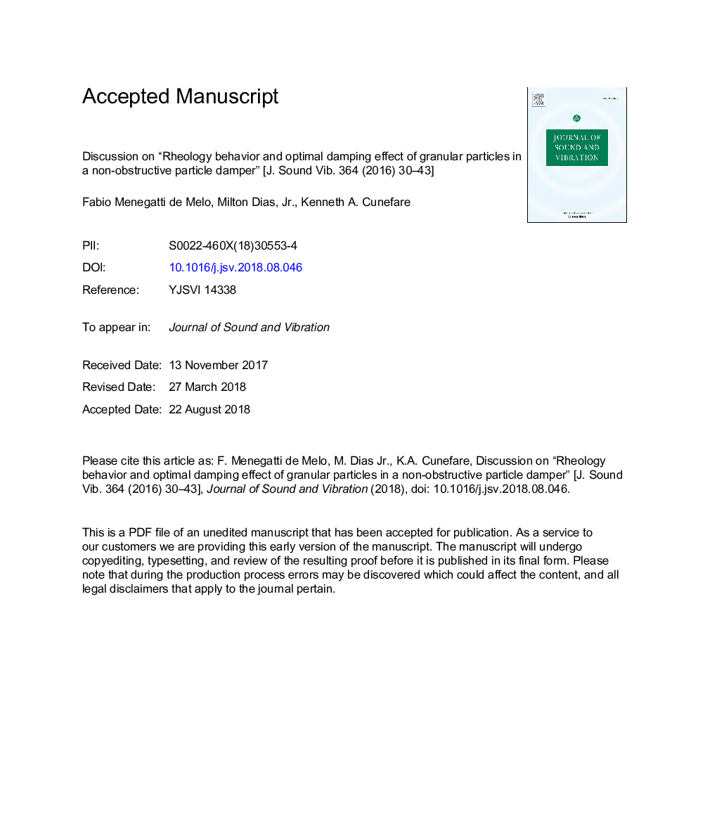Discussion on “Rheology behavior and optimal damping effect of granular particles in a non-obstructive particle damper” [J. Sound Vib. 364 (2016) 30-43]