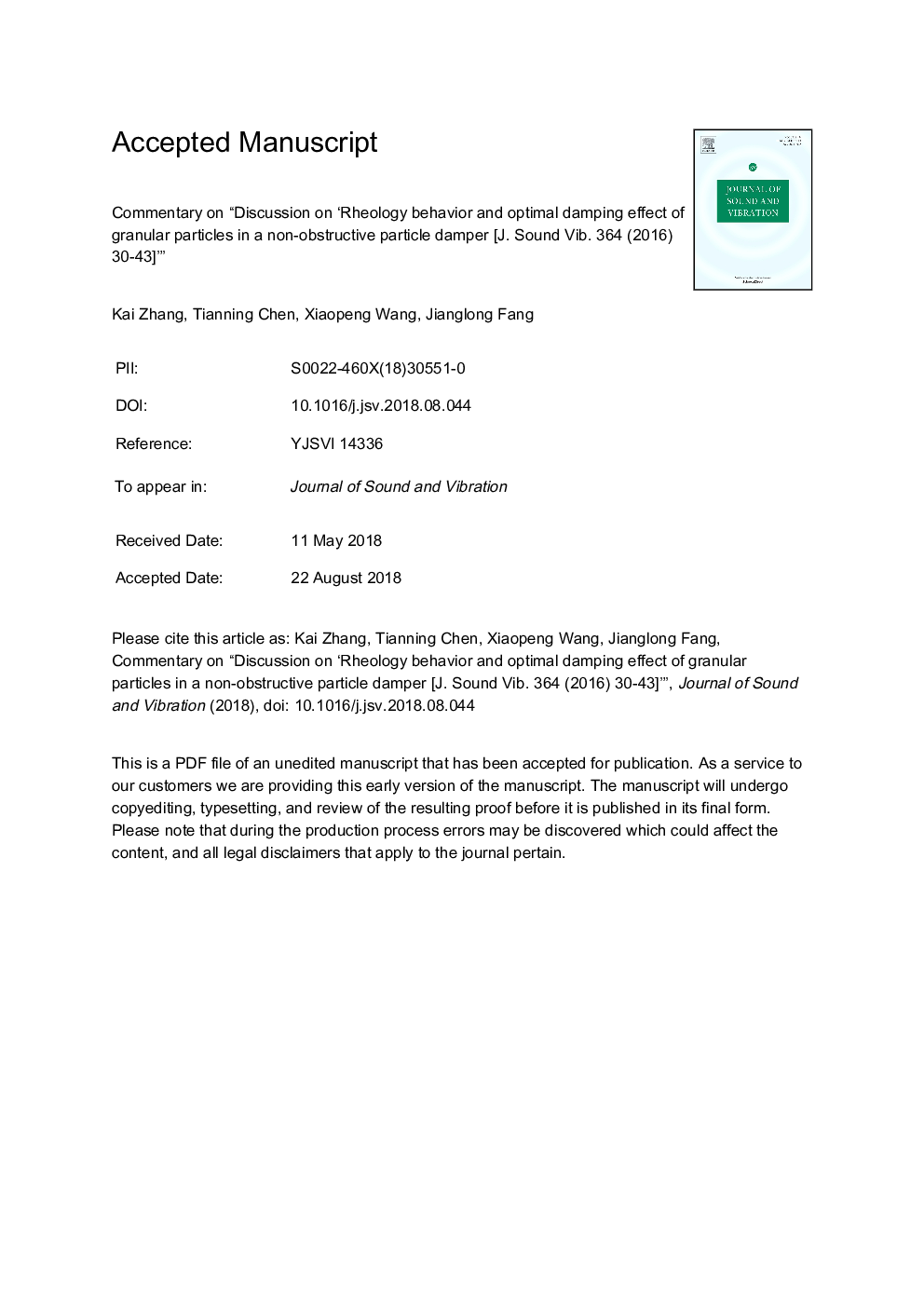 Commentary on “Discussion on 'Rheology behavior and optimal damping effect of granular particles in a non-obstructive particle damper [J. Sound Vib. 364 (2016) 30-43]'”