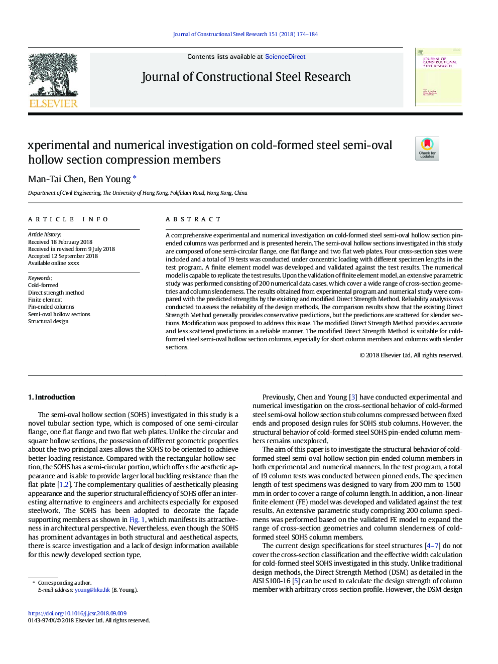 xperimental and numerical investigation on cold-formed steel semi-oval hollow section compression members