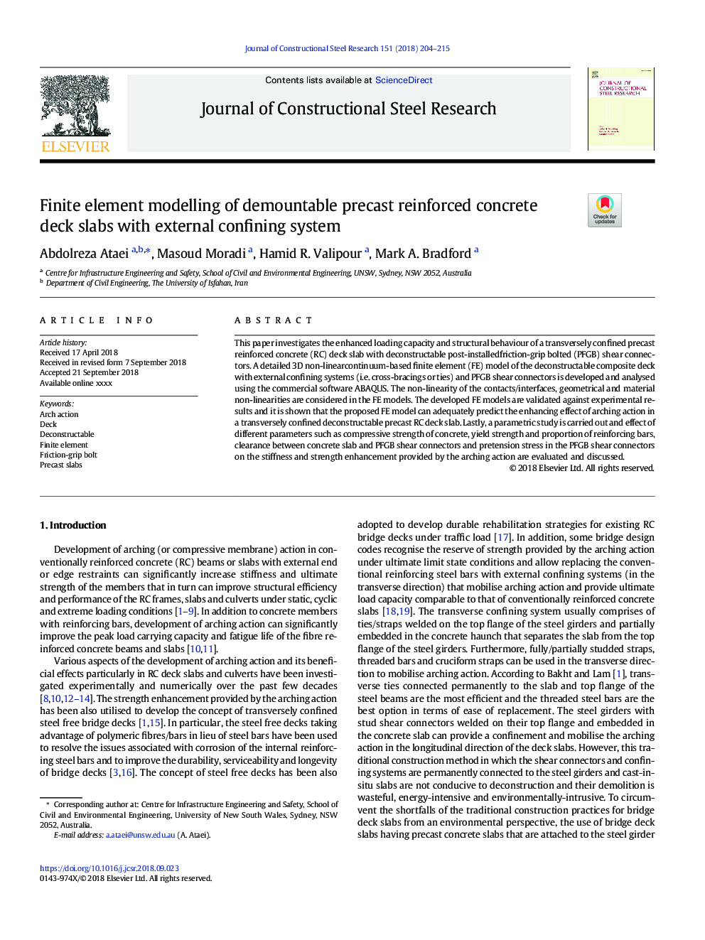 Finite element modelling of demountable precast reinforced concrete deck slabs with external confining system