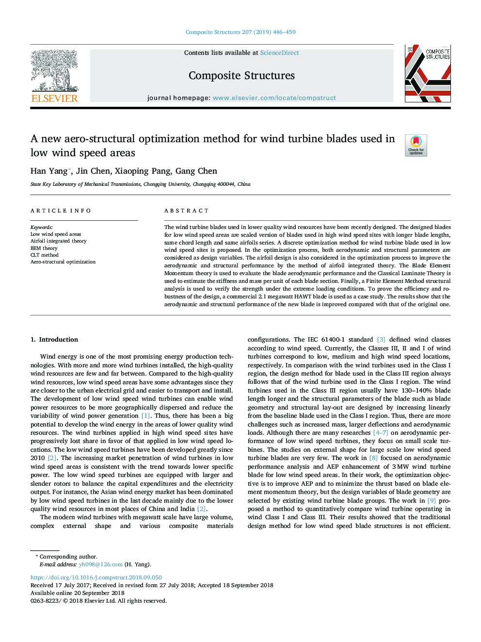 A new aero-structural optimization method for wind turbine blades used in low wind speed areas