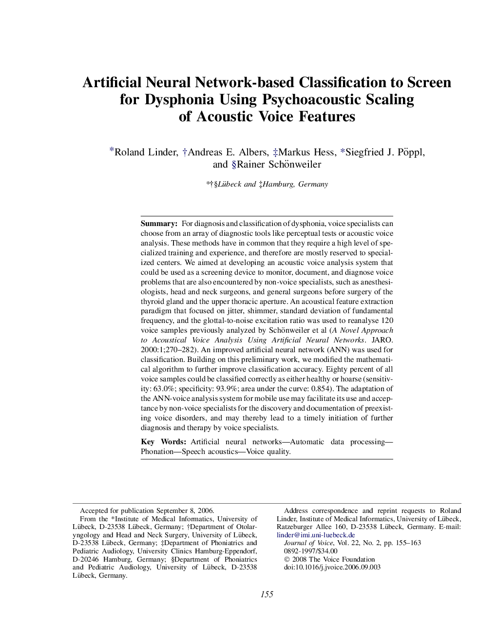 Artificial Neural Network-based Classification to Screen for Dysphonia Using Psychoacoustic Scaling of Acoustic Voice Features