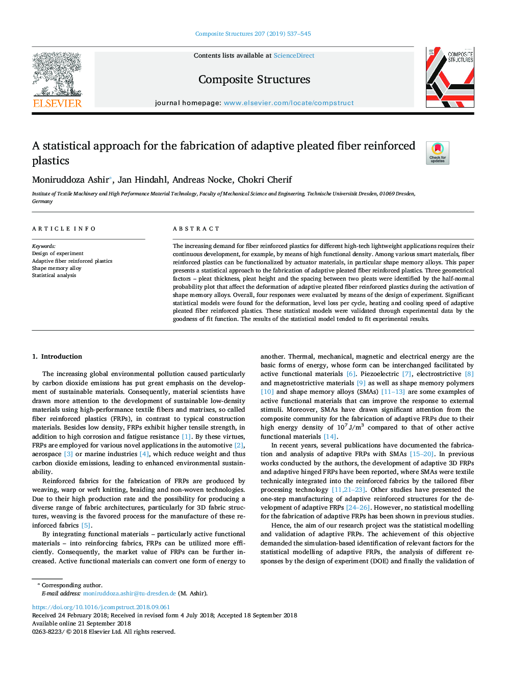 A statistical approach for the fabrication of adaptive pleated fiber reinforced plastics