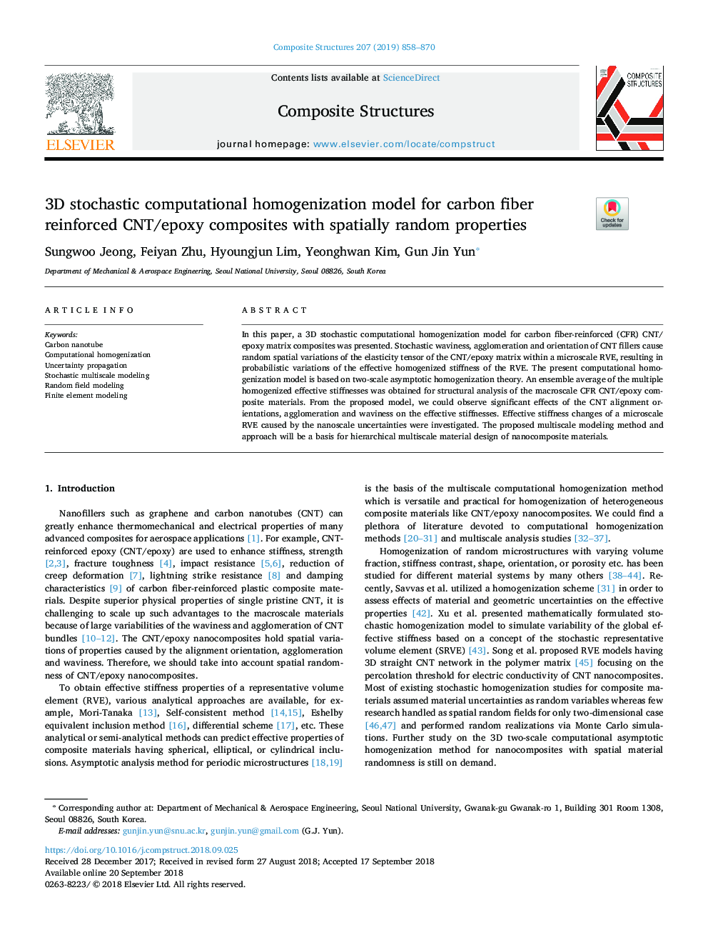 3D stochastic computational homogenization model for carbon fiber reinforced CNT/epoxy composites with spatially random properties