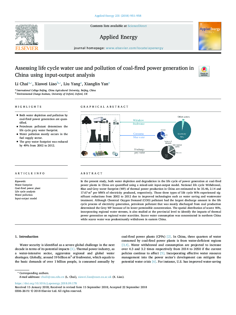 ارزیابی چرخه مصرف آب و آلودگی تولید برق ذغال سنگ در چین با استفاده از تجزیه و تحلیل ورودی / خروجی