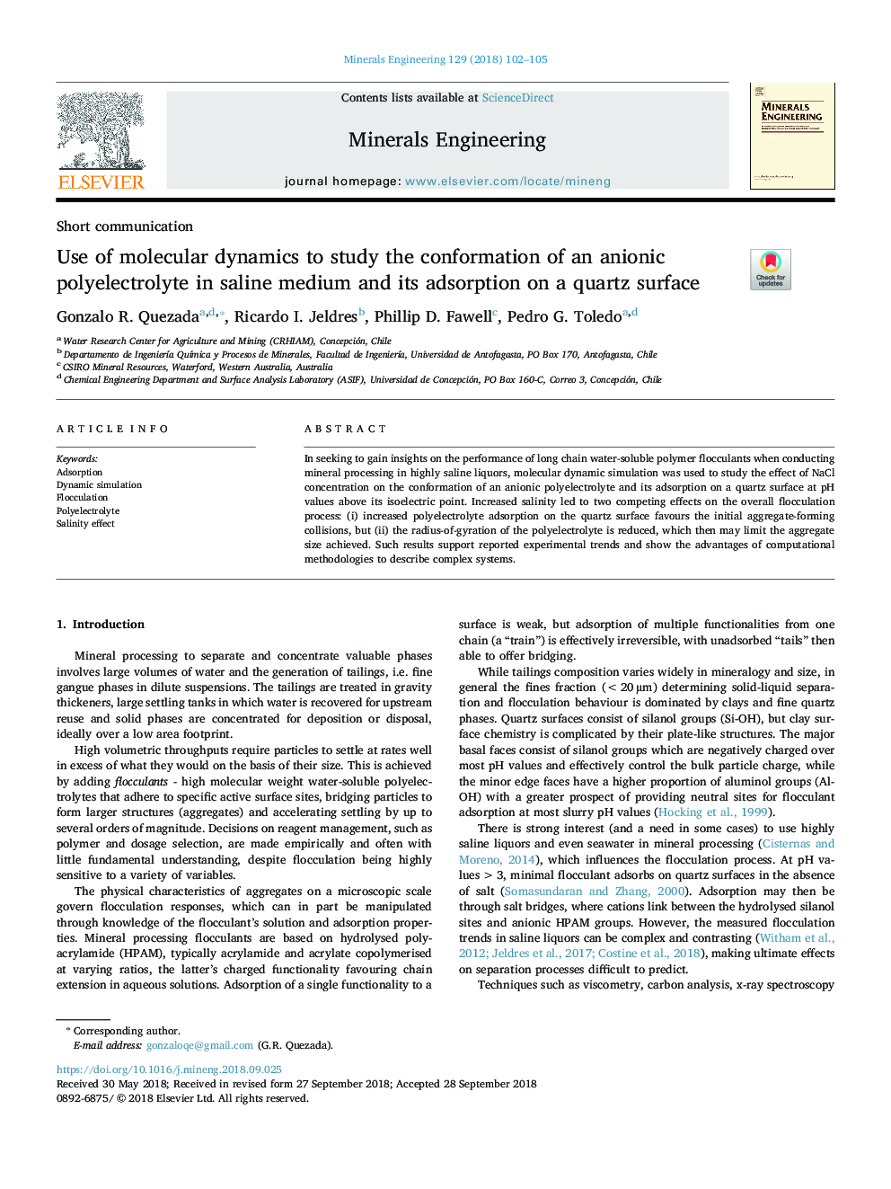 Use of molecular dynamics to study the conformation of an anionic polyelectrolyte in saline medium and its adsorption on a quartz surface