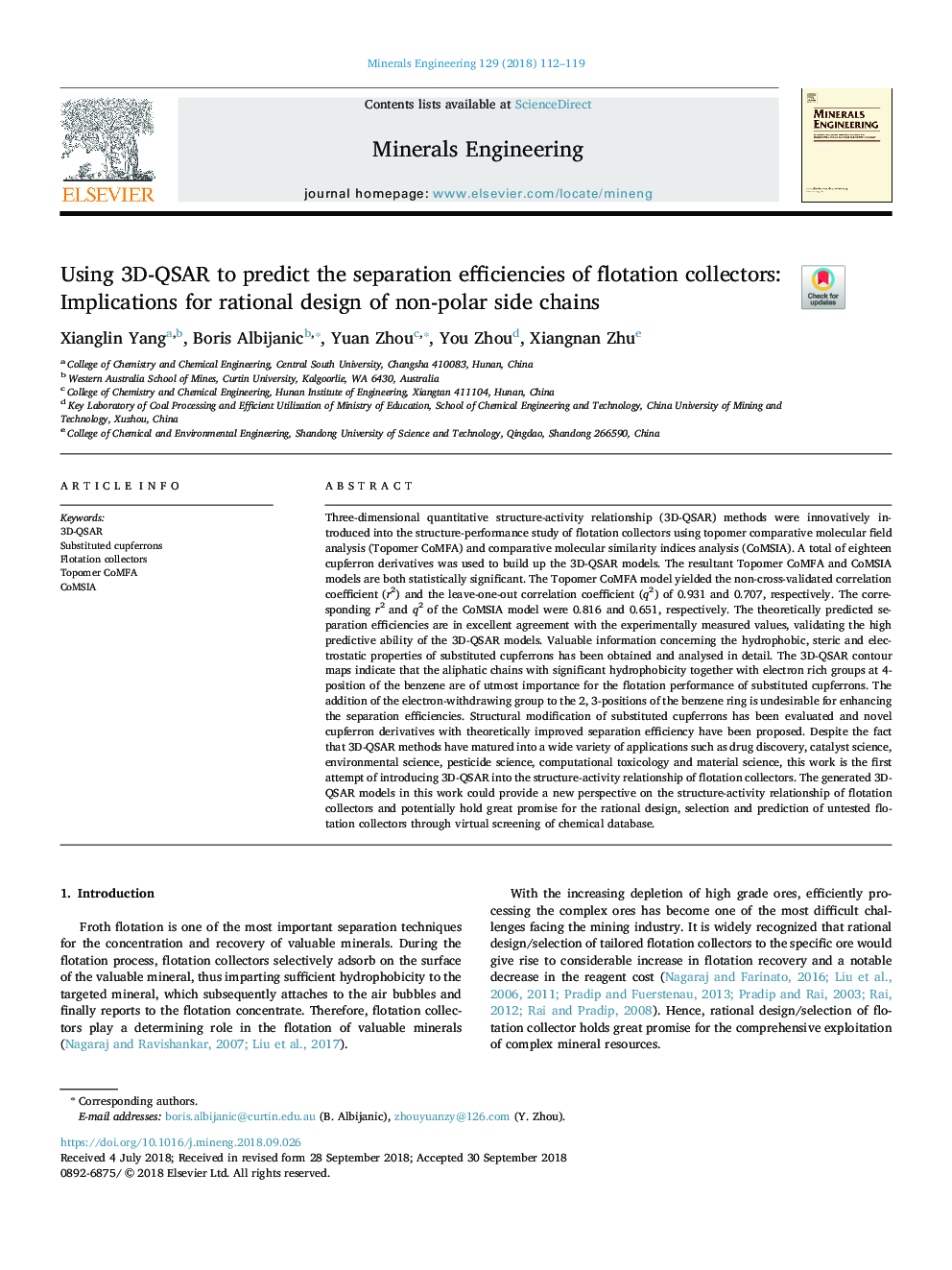 Using 3D-QSAR to predict the separation efficiencies of flotation collectors: Implications for rational design of non-polar side chains