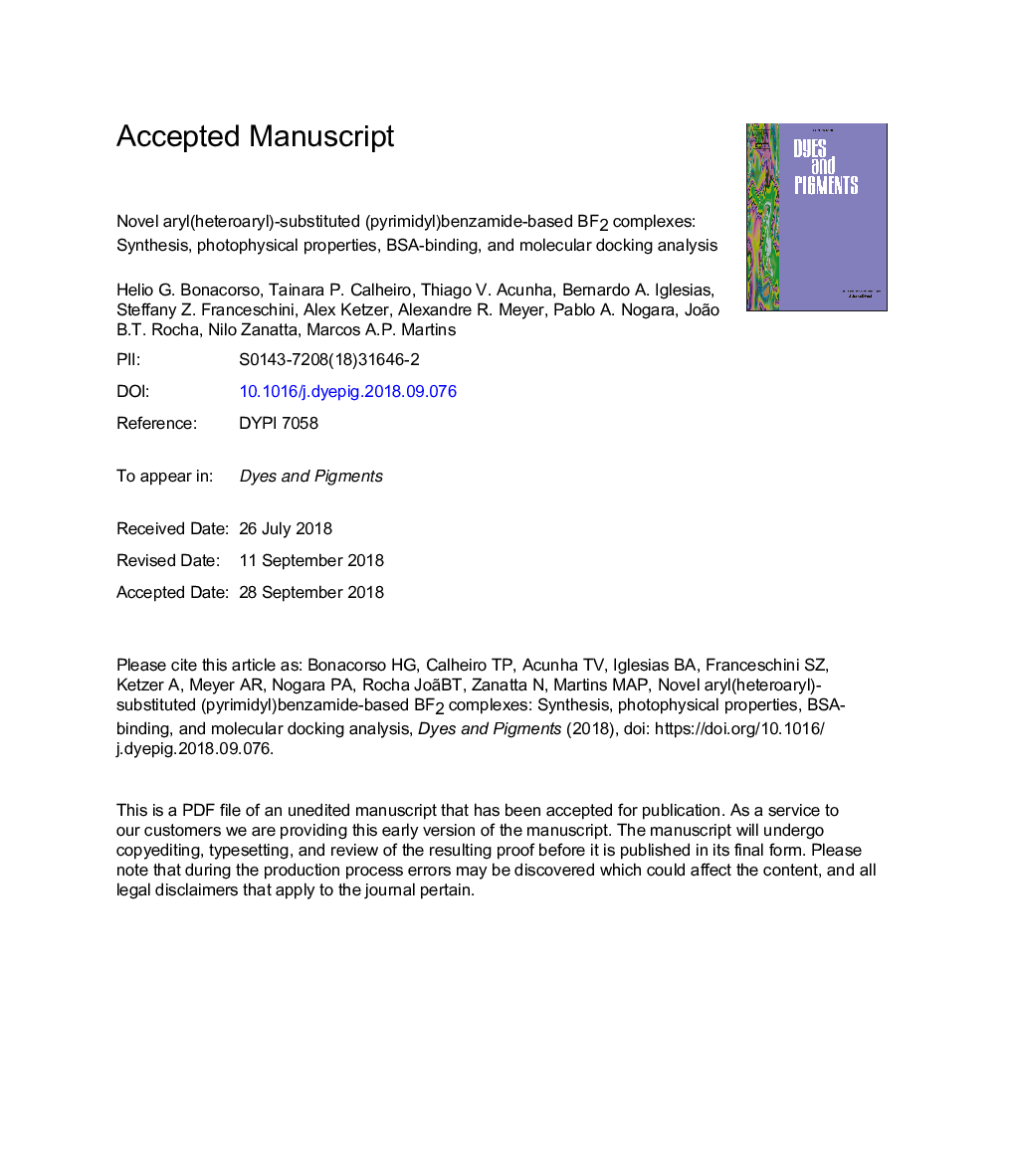 Novel aryl(heteroaryl)-substituted (pyrimidyl)benzamide-based BF2 complexes: Synthesis, photophysical properties, BSA-binding, and molecular docking analysis