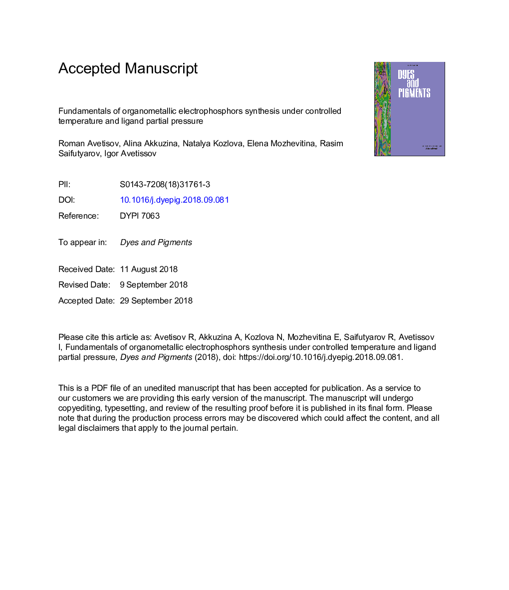 Fundamentals of organometallic electrophosphors synthesis under controlled temperature and ligand partial pressure