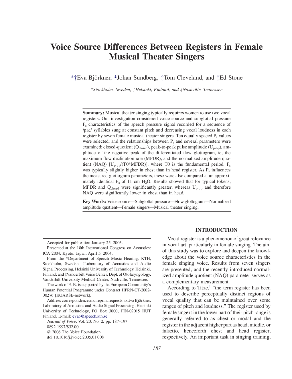 Voice Source Differences Between Registers in Female Musical Theater Singers 