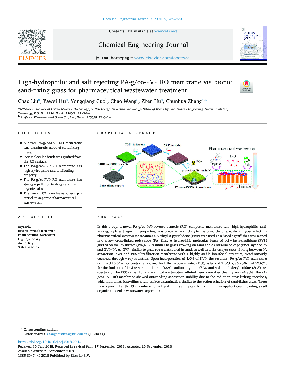 High-hydrophilic and salt rejecting PA-g/co-PVP RO membrane via bionic sand-fixing grass for pharmaceutical wastewater treatment