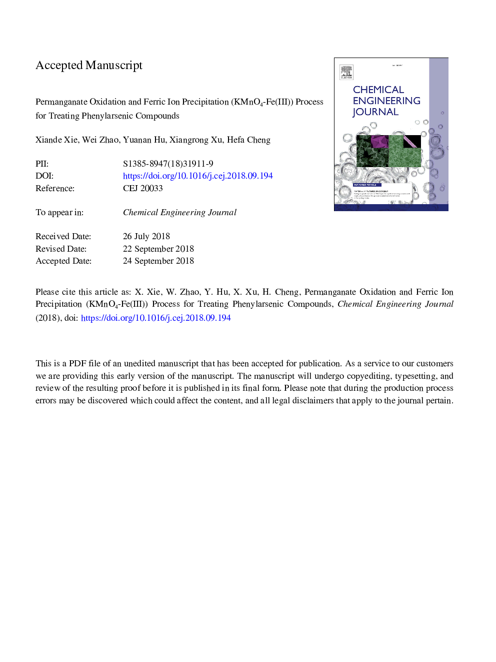 Permanganate oxidation and ferric ion precipitation (KMnO4-Fe(III)) process for treating phenylarsenic compounds