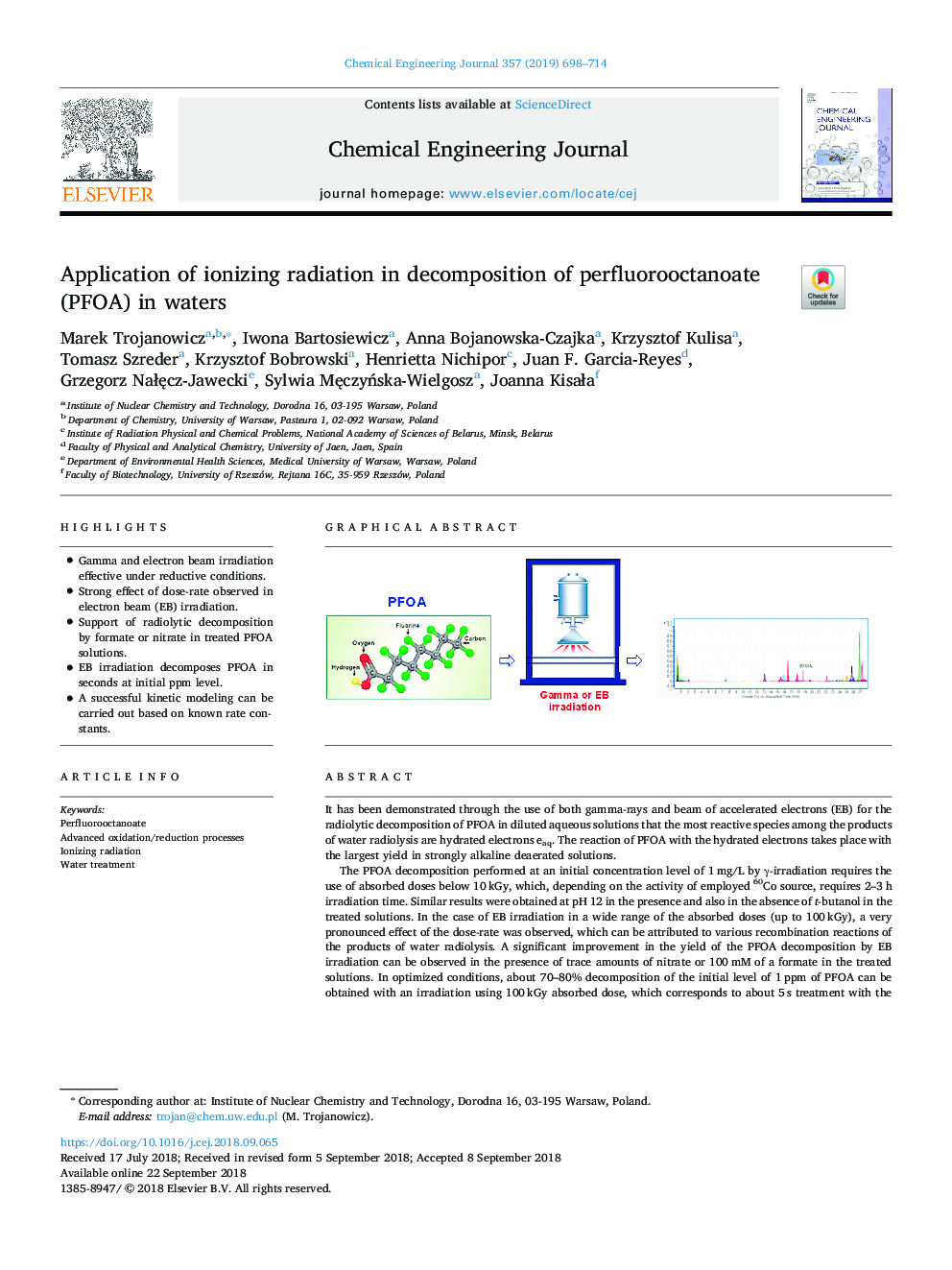 Application of ionizing radiation in decomposition of perfluorooctanoate (PFOA) in waters