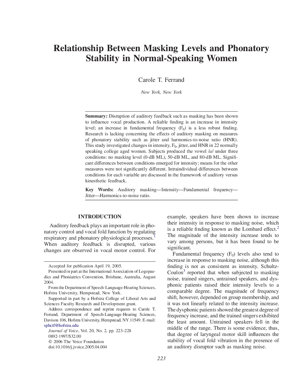 Relationship Between Masking Levels and Phonatory Stability in Normal-Speaking Women 