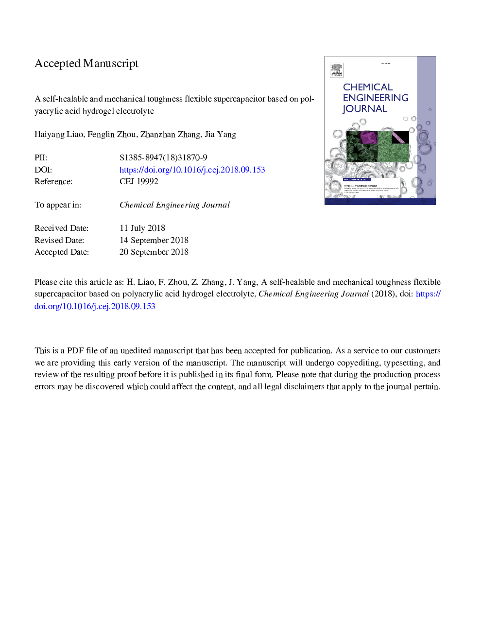 A self-healable and mechanical toughness flexible supercapacitor based on polyacrylic acid hydrogel electrolyte