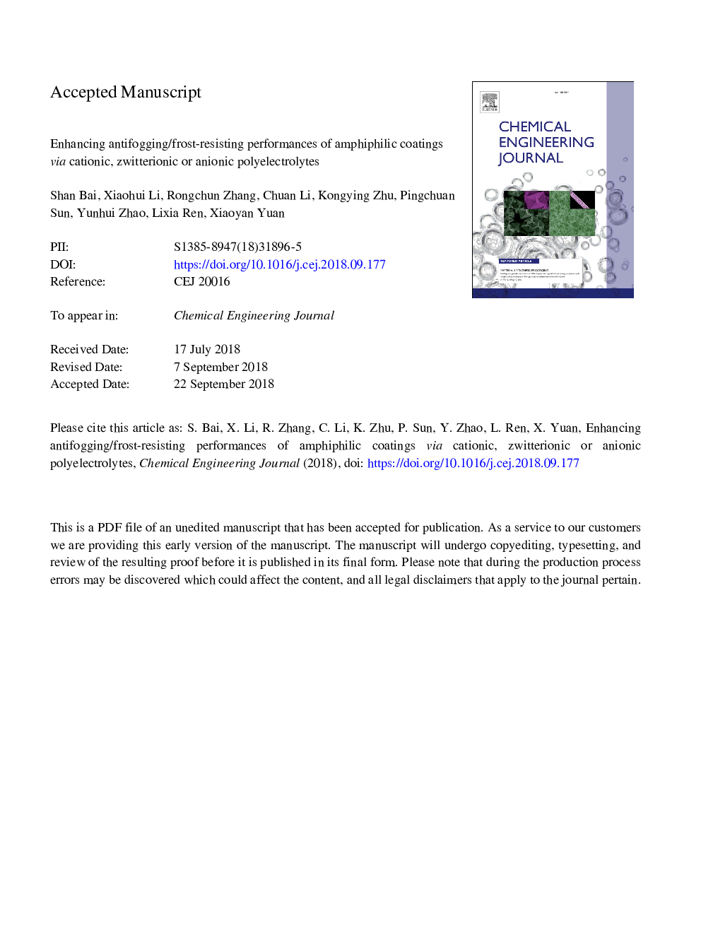 Enhancing antifogging/frost-resisting performances of amphiphilic coatings via cationic, zwitterionic or anionic polyelectrolytes