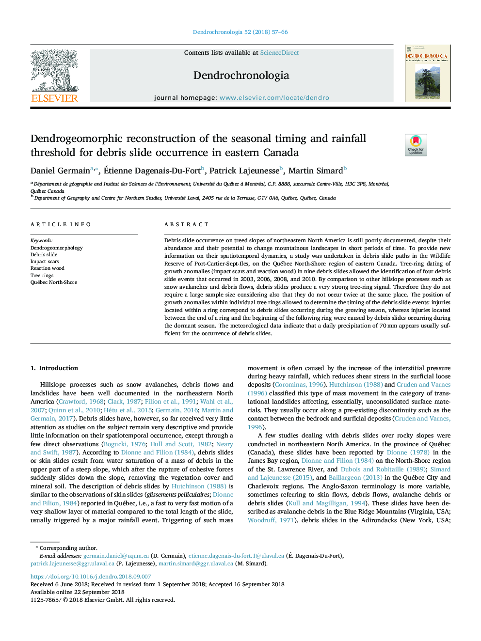 Dendrogeomorphic reconstruction of the seasonal timing and rainfall threshold for debris slide occurrence in eastern Canada