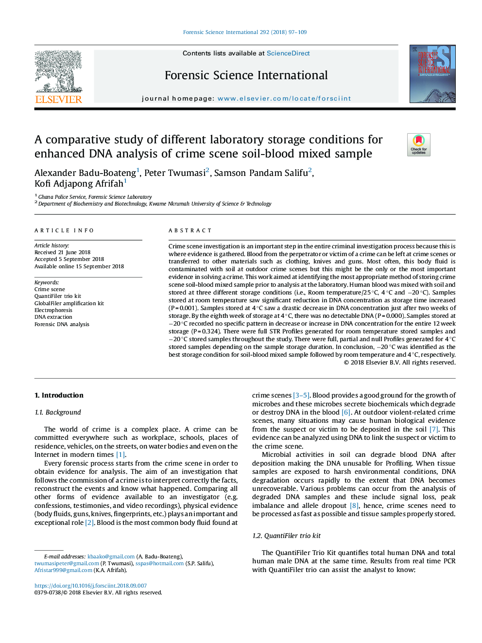 A comparative study of different laboratory storage conditions for enhanced DNA analysis of crime scene soil-blood mixed sample