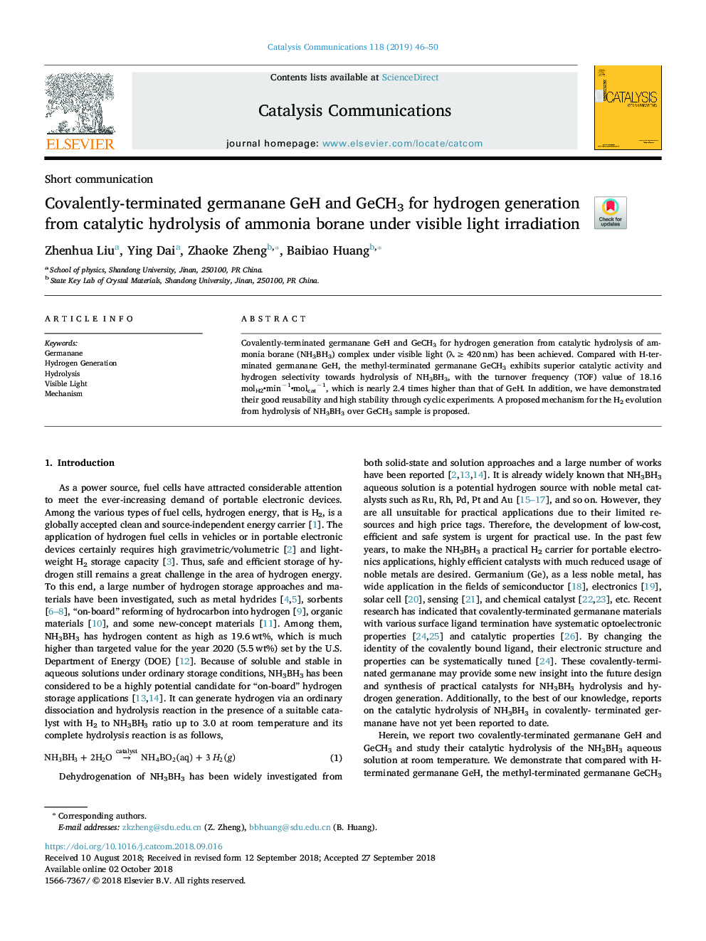 Covalently-terminated germanane GeH and GeCH3 for hydrogen generation from catalytic hydrolysis of ammonia borane under visible light irradiation