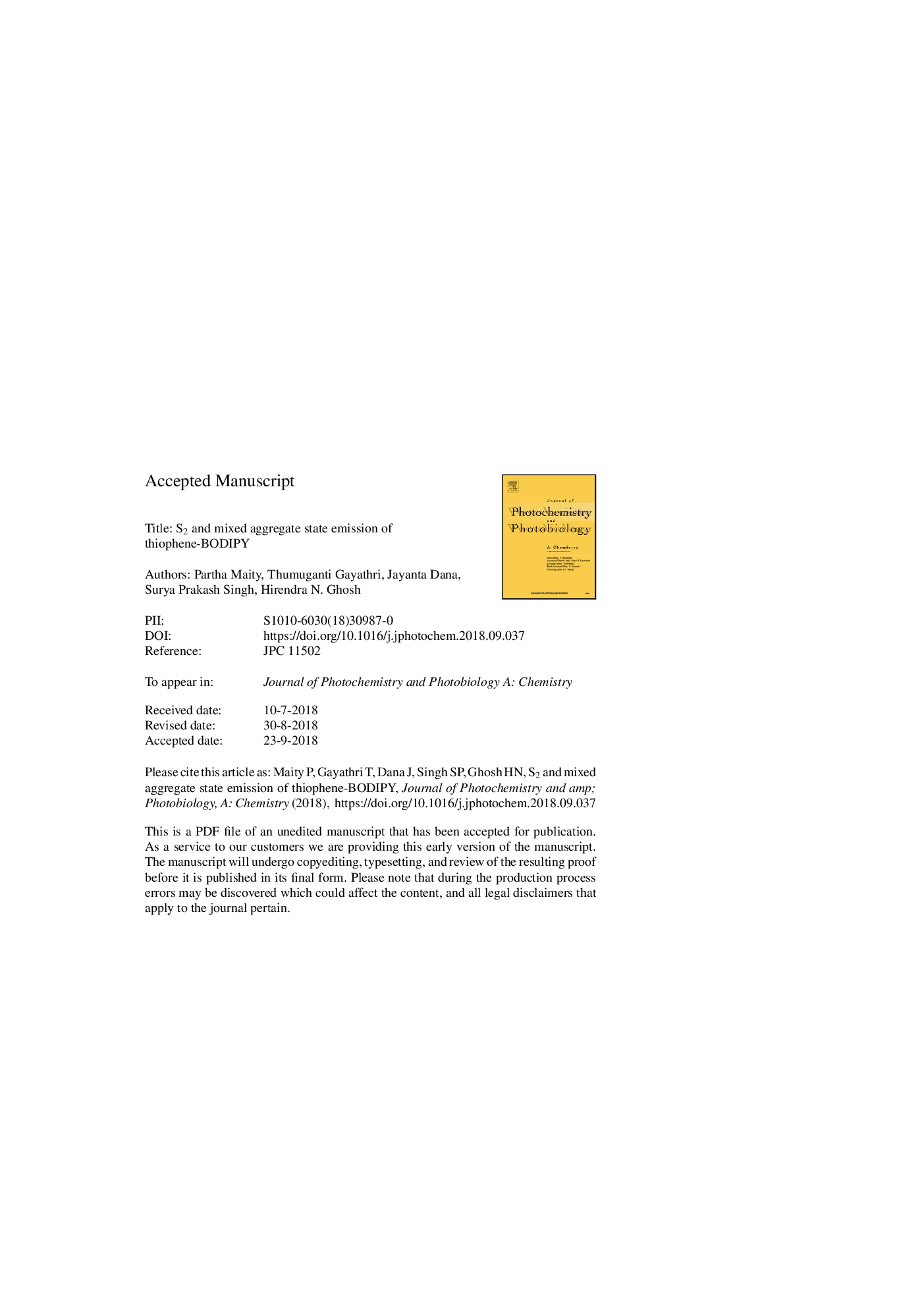 S2 and mixed aggregate state emission of thiophene-BODIPY