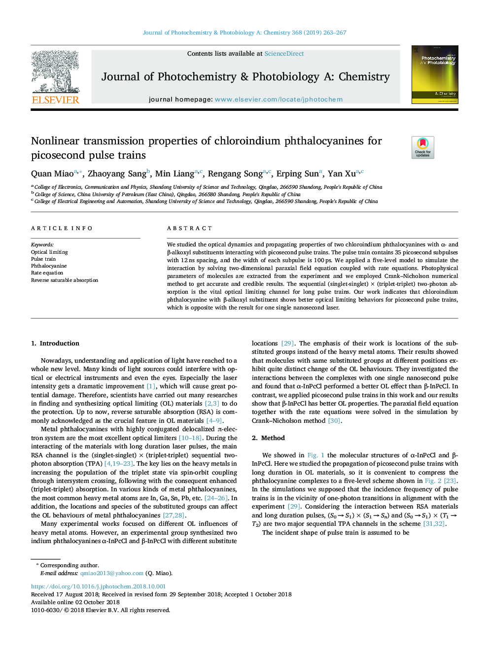 Nonlinear transmission properties of chloroindium phthalocyanines for picosecond pulse trains